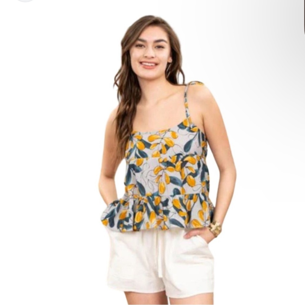 NWOT Mine Anthropologie Blue Yellow Leaf Print Tiered Tank Top
